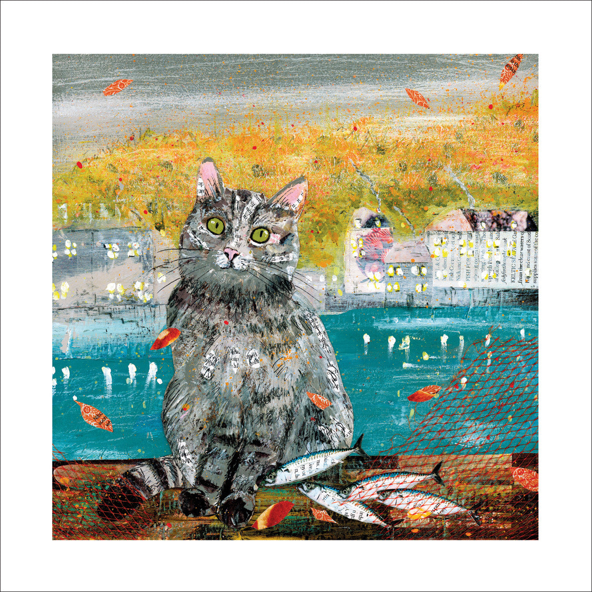 October Catch Cat Greeting Card - by Adam James Severn
