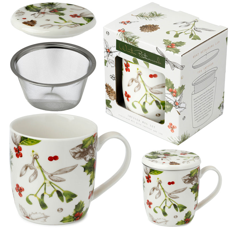 Christmas Winter Botanicals Porcelain Infuser Mug Set with Lid