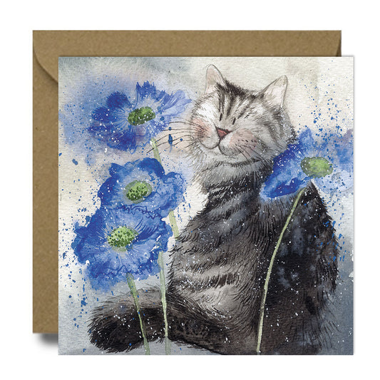 Cat & Cornflowers Greeting Card - by Alex Clark