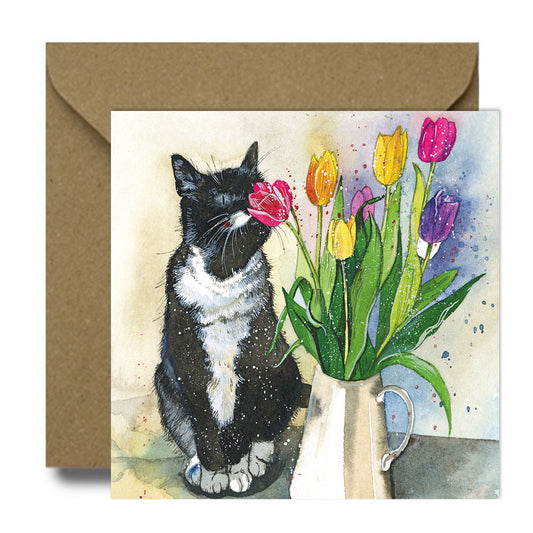 Smell the Flowers Black Cat Greeting Card - by Alex Clark