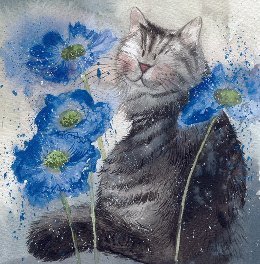 Cat & Cornflowers Greeting Card - by Alex Clark