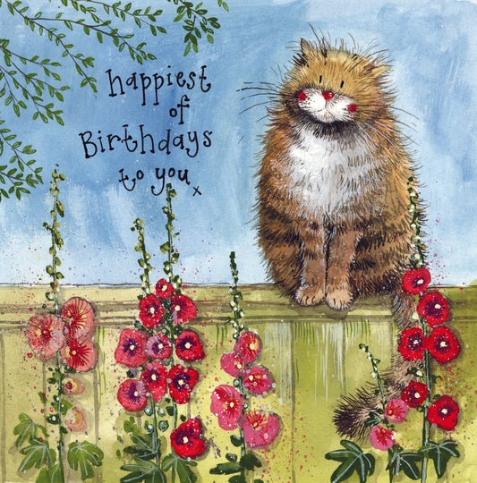Garden Fence Cat Birthday Greeting Card - by Alex Clark