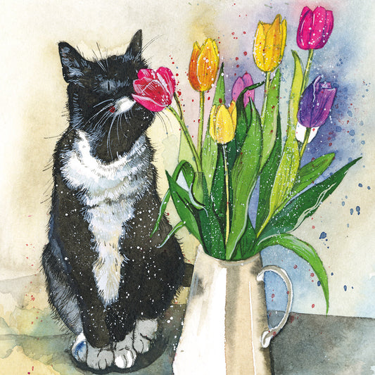 Smell the Flowers Black Cat Greeting Card - by Alex Clark