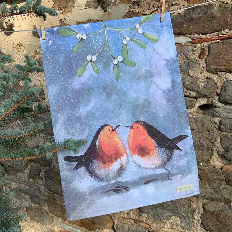 Robins and Mistletoe Tea Towel - by Alex Clark