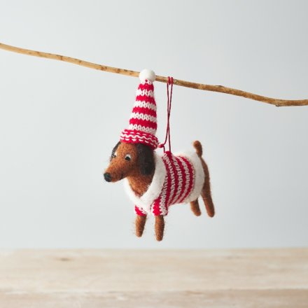 Dog Stripy Jumper And Hat Christmas Decoration