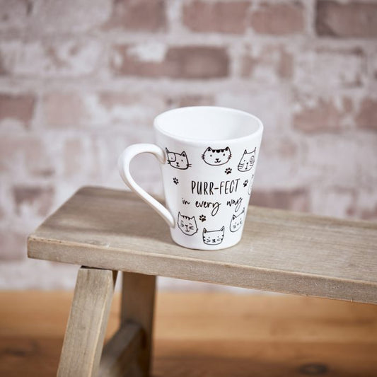 Purr-fect Cat Mug White Ceramic With Black Outline Faces