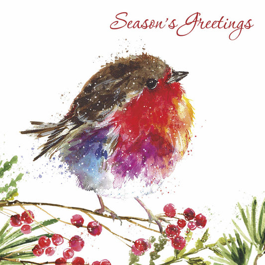 Christmas Cards Pack of 10 - Fluffy Robin on Berry Branch