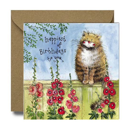 Garden Fence Cat Birthday Greeting Card - by Alex Clark