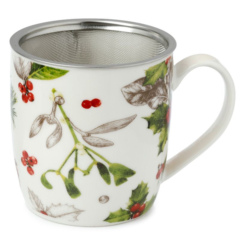 Christmas Winter Botanicals Porcelain Infuser Mug Set with Lid