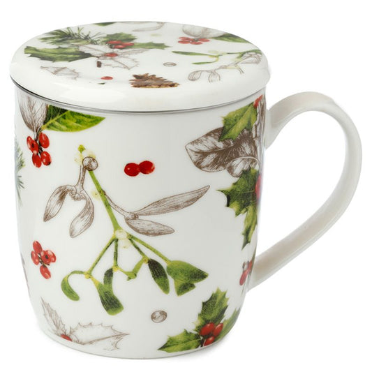 Christmas Winter Botanicals Porcelain Infuser Mug Set with Lid